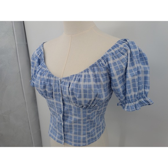 NWT Forever 21 Blue Gingham Puff Sleeve Crop Top Sz L‎ Cottagecore Coquette - Picture 9 of 10